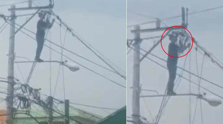 Captado momento que hombre maniobra cables de electricidad en SDE