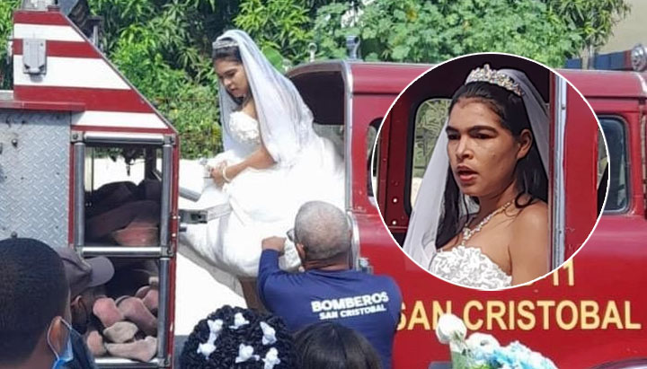 Joven cumple su sueños de llegar a boda en un camión de bomberos en San Cristóbal