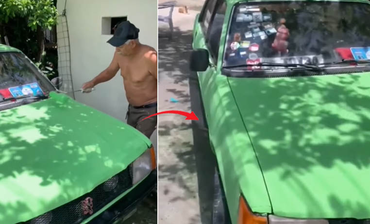 Hombre pinta su vehículo con rolo de pared
