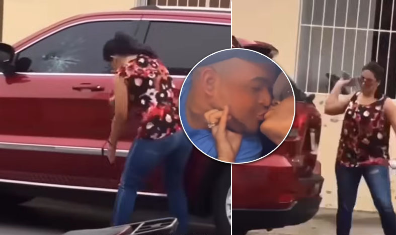 Mujer destroza vehículo de su marido con una piedra; pero luego graban video para las redes