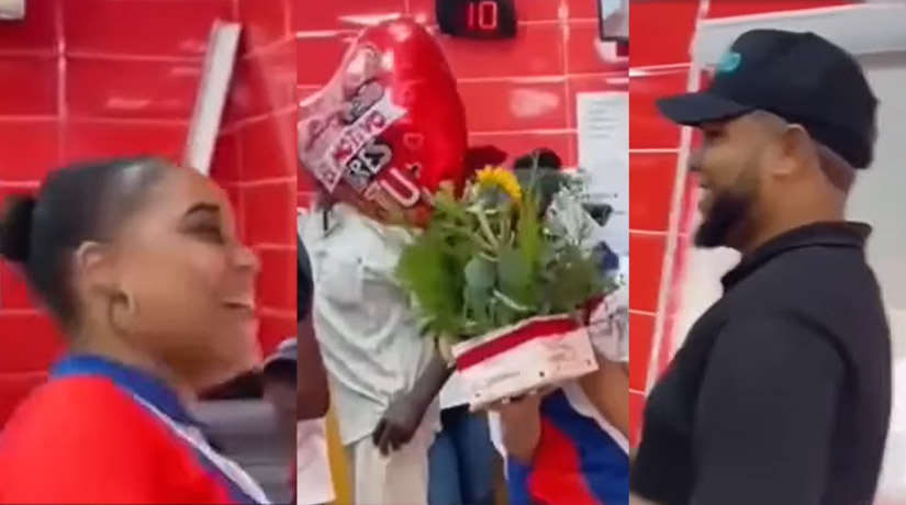 Hombre sorprende a su novia en el trabajo con tremendo regalo