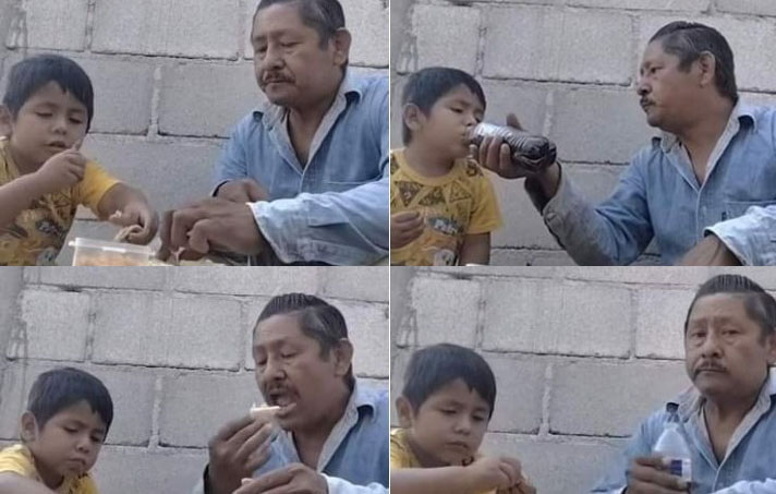 Padre e hijo disfrutan de sus sagrados alimentos luego de una jornada de trabajo en albañilería