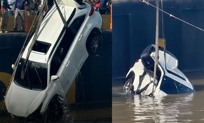 Jeepeta perdió los frenos y cayó al agua en el puente flotante