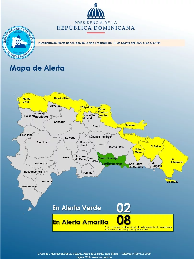 El COE mantiene 10 provincias bajo alerta por efectos del huracán Erin