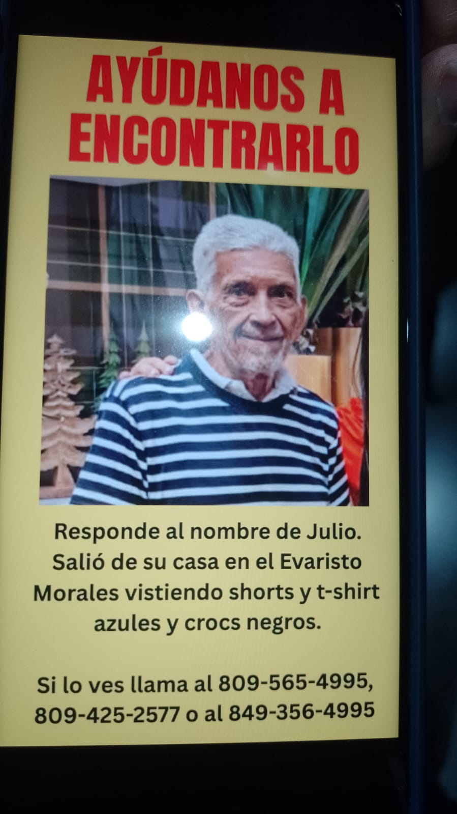 Familiares solicitan ayuda para localizar a adulto mayor desaparecido en el sector Evaristo Morales