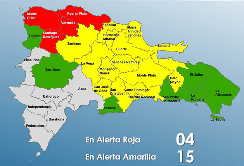 COE aumenta a 26 las provincias en alerta; cuatro en alerta roja