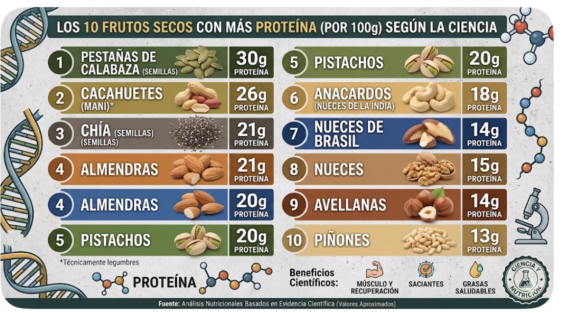 Conoce los 10 frutos secos con más proteína según la ciencia