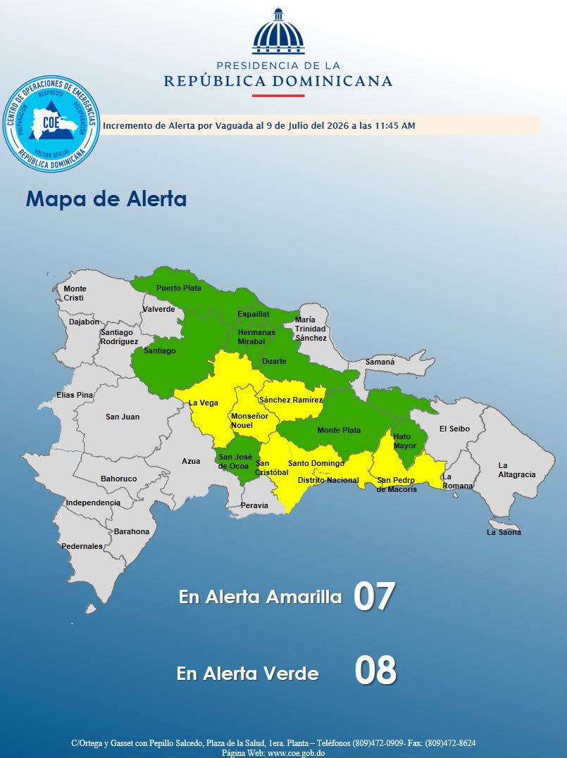 COE coloca bajo alerta a 15 demarcaciones por lluvias asociadas a vaguada y onda tropical