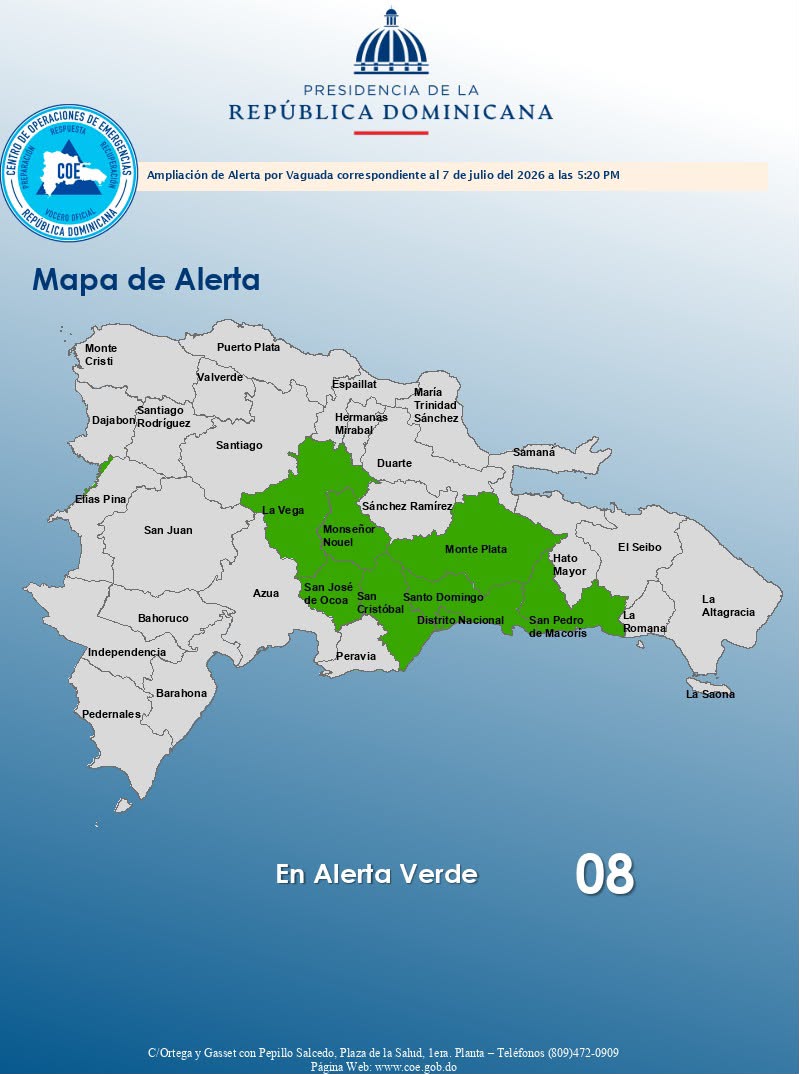 COE eleva a ocho las provincias bajo alerta verde