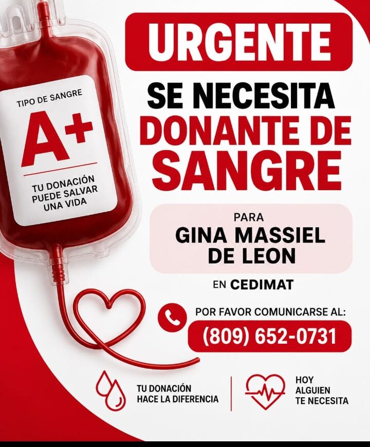 Familiares piden ayuda urgente: Gina Massiel necesita donantes de sangre A+