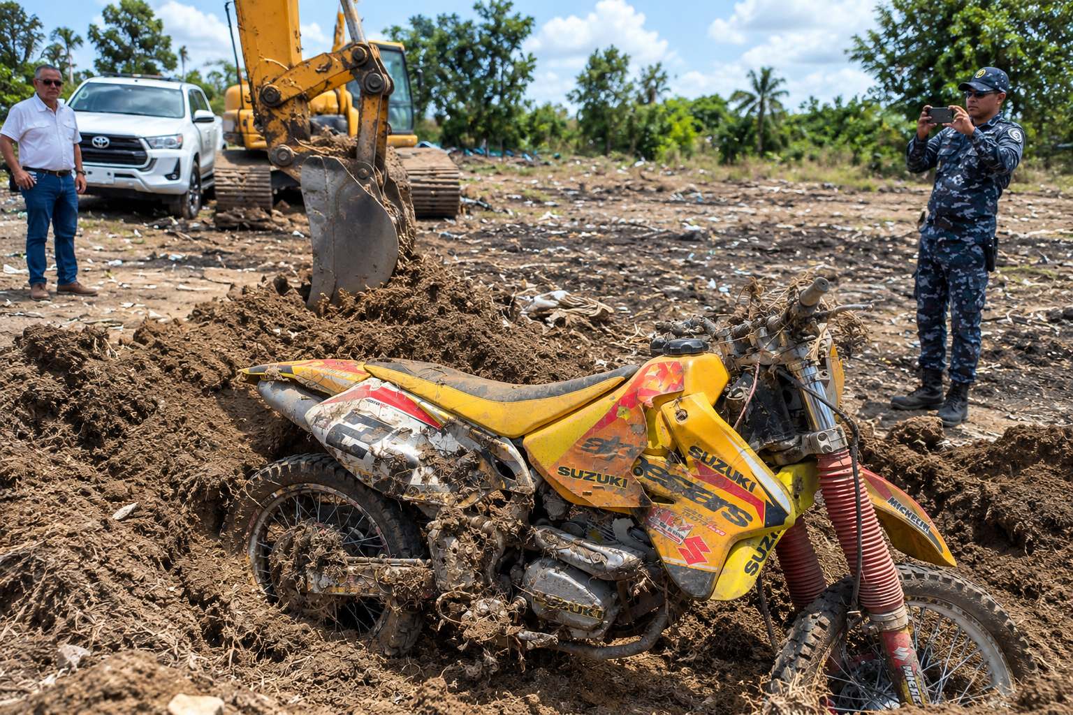 Hallan motocicleta enterrada durante trabajos de remoción de tierra en Los Rieles, San Víctor