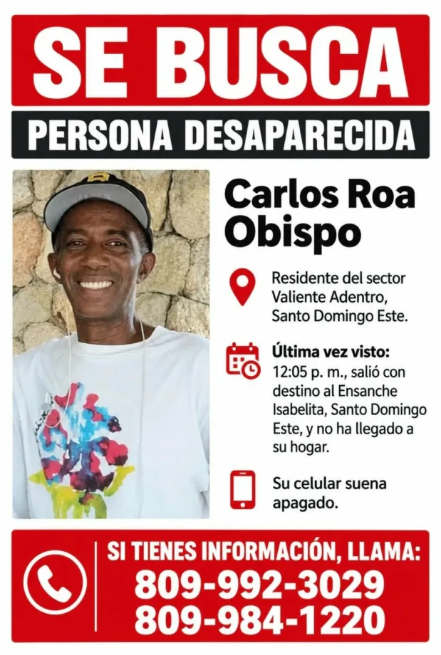 Familiares buscan a hombre desaparecido en Santo Domingo Este; fue visto rumbo a Ensanche Isabelita