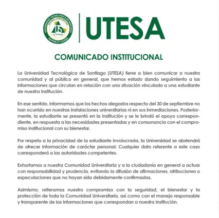 UTESA aclara que situación vinculada a estudiante no ocurrió dentro de sus instalaciones UTESA aclara que situación vinculada a estudiante no ocurrió dentro de sus instalaciones