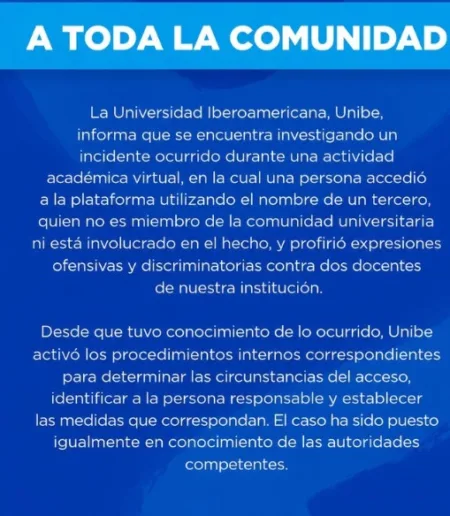 UNIBE investiga incidente en plataforma virtual y denuncia expresiones ofensivas contra dos docentes UNIBE investiga incidente en plataforma virtual y denuncia expresiones ofensivas contra dos docentes