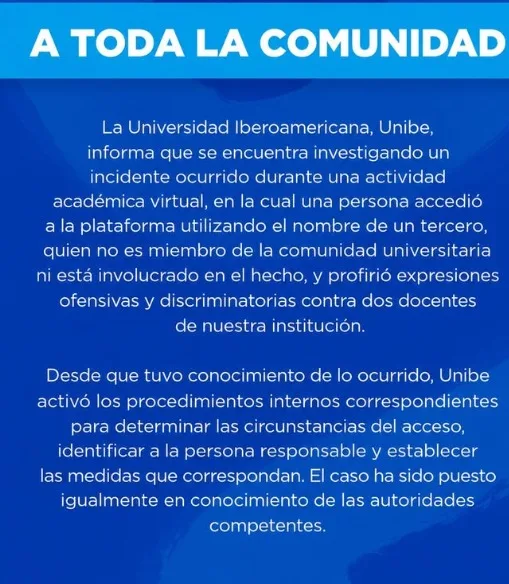 UNIBE investiga incidente en plataforma virtual y denuncia expresiones ofensivas contra dos docentes